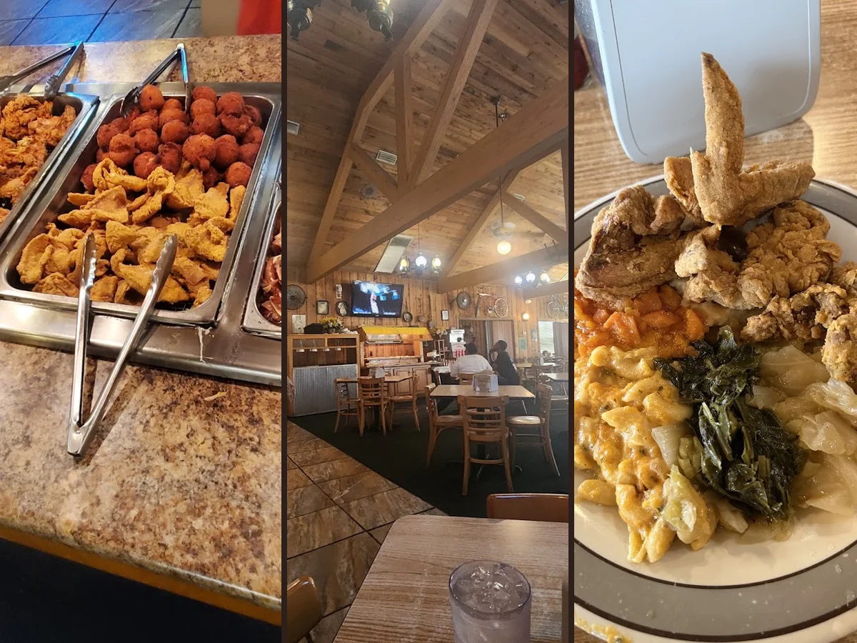 Freshly prepared buffet dishes under warm lights.